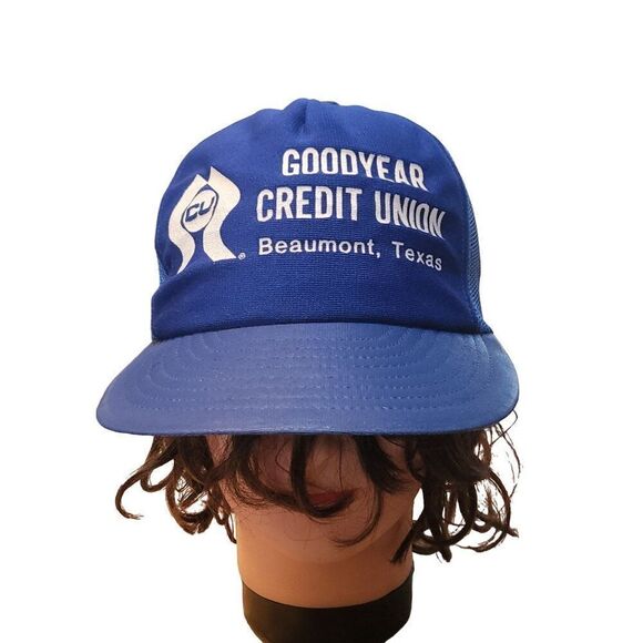 Vintage Snapback Trucker Hat Men Goodyear Credit Union Beaumont, Texas Blue - Picture 1 of 7